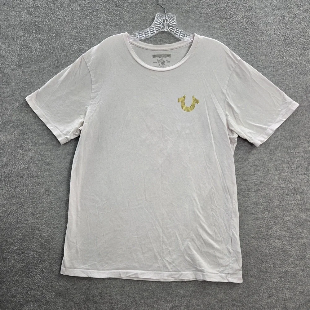 True Religion Men Shirt Large White Logo Buddha Graphic Short Sleeve Tee READ